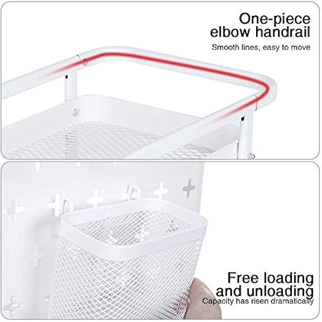 3-Tier Metal Rolling Utility Cart with Handles and Peg Board Hooks Baskets Locking Wheels, Storage Trolley Storage Shelves Service Cart for Kitchen-L3LNeznd