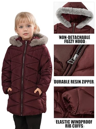 Image of SOLOCOTE Girls Winter Puffer Coat with Faux Fur Hood Sherpa Lined Parka Water-Resistant Windproof Quilted Jacket