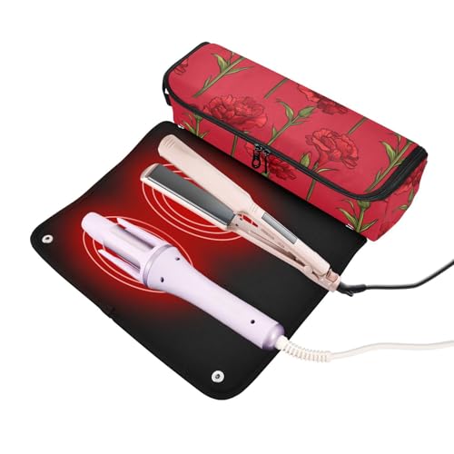 Red Cartoon Carnations Hair Tool Travel Bag with Iron Mat Portable Hair Styling Tool Organizer for Flat Iron Hot Tools and Haircare Accessories Travel Bag for Women miniatura 2