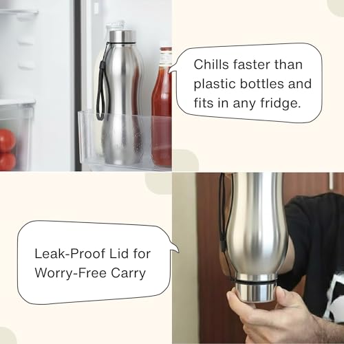 Image of Clazkit Platina Pro Classic Stainless Steel Water Bottle 1000ml |ISI Certified|Leakproof, Rust-Free, BPA-Free, Durable for College, Fridge, Sports, Gym, Yoga & Office - Easy to Clean & Reusable