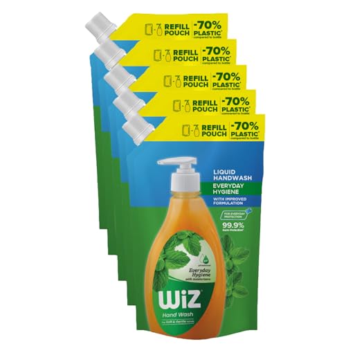 Image of Wiz Liquid Hand Wash Refill Pouch - 1L (Pack of 5) | Everyday Hygiene | 70% Less Plastic | pH Balanced for Soft & Gentle Hands | Germ Protection | Moisturizing Formula