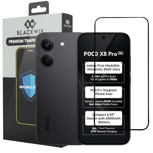 Image of Blackwik Premium Tempered Glass Screen Protector for Poco X8 Pro with Edge-To-Edge Protector Coverage | Easy Installation Kit (Black)