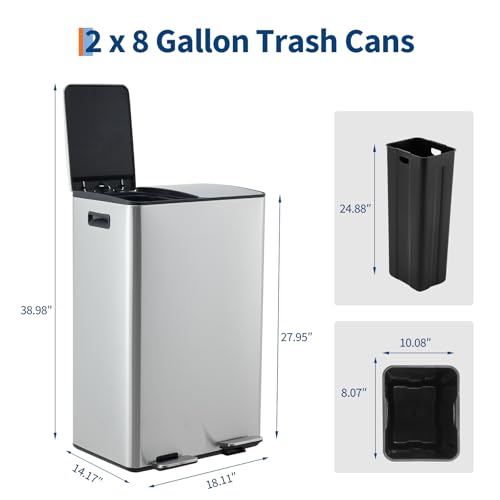Caneca de basura rectangular doble de acero inoxidable 60 L miniatura 2