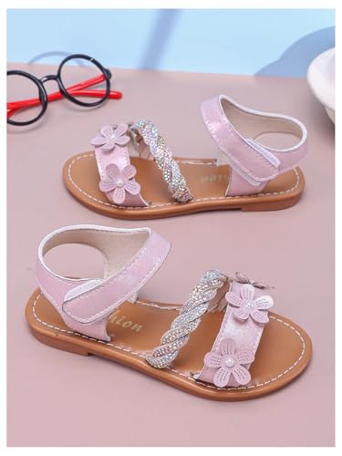 GORGLITTER Girl's Flower Ankle Strap Flat Sandals Glitter Rhinestone Round Toe Summer Beach Vacation Sandal Slippers4