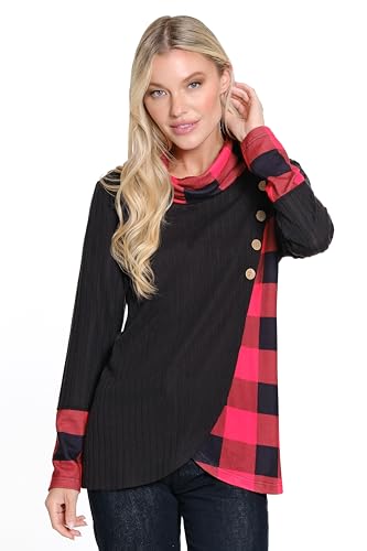 Ali Miles Women's Brushed Texture Knit Buffalo Plaid Inset Cowl Neck