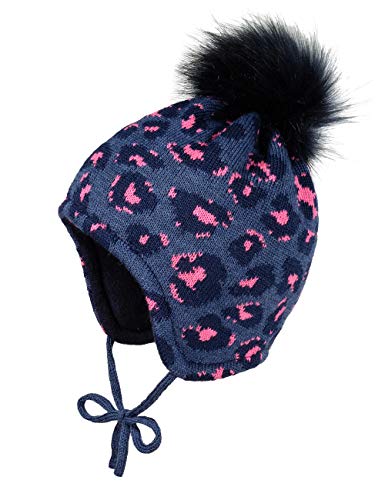 Preisvergleich Produktbild maximo Baby-Mädchen mit Leomuster und Kunstfellpompon und Bindeband Mütze, Mehrfarbig (Indigomeliert / Navy 448), (Herstellergröße: 49)