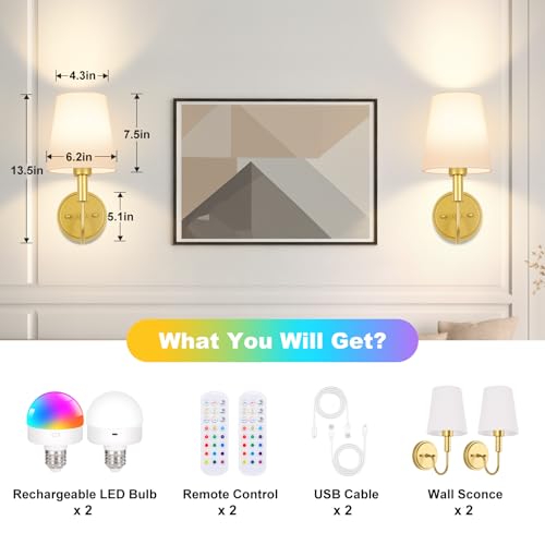 Wireless Rechargeable Wall Sconce, Battery Operated Wall Lights with Remote, Wall Lamps with Dimmable RGB LED Bulbs, No Wiring Gold Sconces Wall Decor Set of 2 for Bedroom Living Room Hallway - image 7