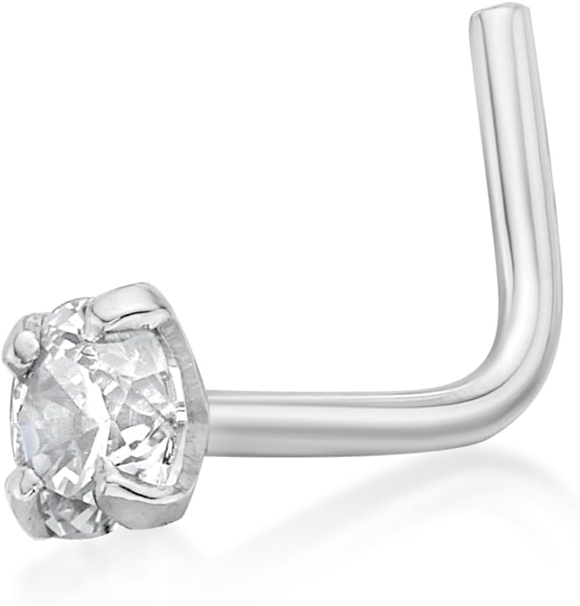Lavari Jewelers 22 Gauge L-Shape Nose Stud for Women or Men - 14k White or Yellow Gold 3 mm Cubic Zirconia Nose Ring for Her - CZ Unisex Hypoallergenic Nostril Piercing Jewelry - 22G Body Piercing