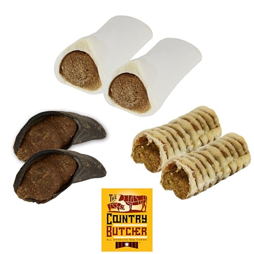 THE COUNTRY BUTCHER Peanut Butter Lovers Dog Treat Bundle – 2 Peanut Butter Filled Bones, 2 Hooves, 2 Trachea