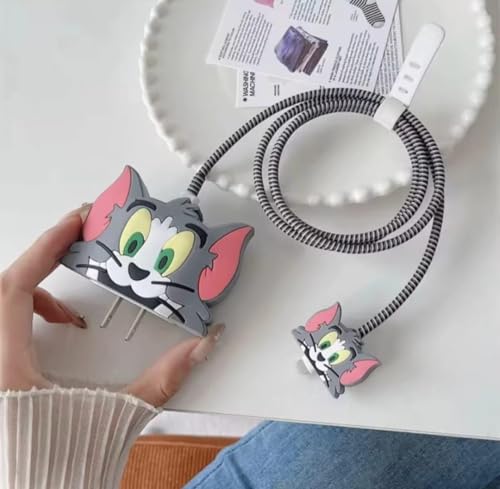 Image of VEROX Charger Cover for C Type Case Compatible with Samsung 25W Adapter Charger Cover and Full Charger Cable Protector Cartoon Design- Tom