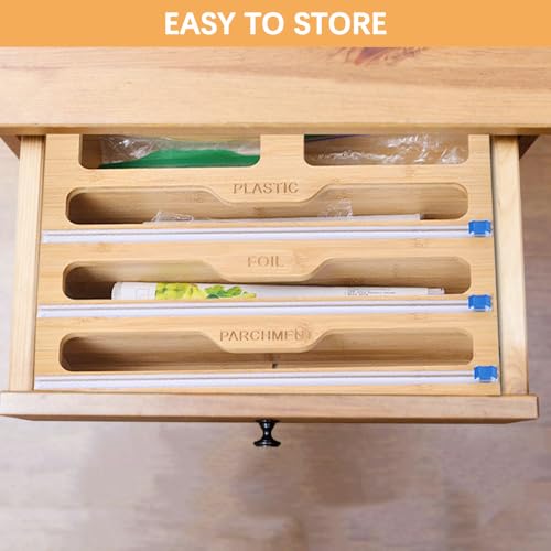 5 in 1 Foil Dispenser with Cutter, Bamboo Wooden Foil Dispenser, Bamboo FoilDispenser, Aluminum Foils and Wax Paper Dispensers for Kitchen Drawer, Compatible with 15" or Lower Roll