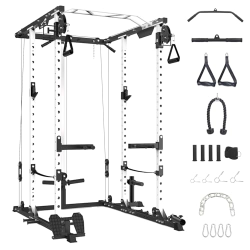GaveeLife Power Cage, 2000 LBS Power Rack with Cable Cross-Over System, Multi-Functional Strength Training Squat Rack with LAT Pull Down System, Home Gym Equipment with Training Attachment, Red