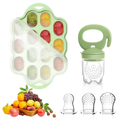 Image of Tohecu Baby Food Feeder & Teether with Popsicle Molds, BPA Free Silicone Fruit Feeder Pacifier for Infants 4+ Months, Includes 3 Sizes of Food Pouches (Foam Green)