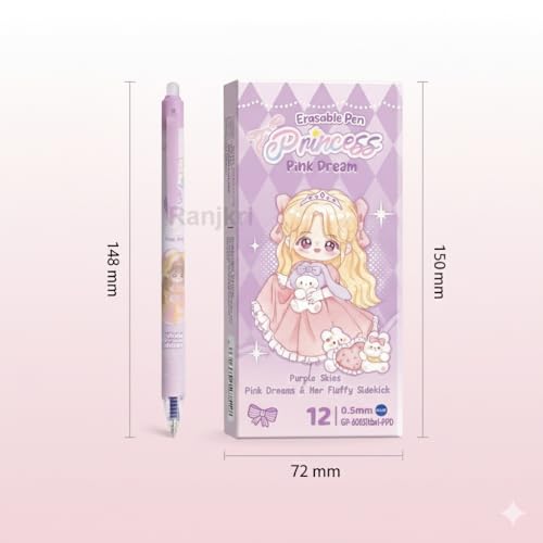 Image of Princess Pink Dream Erasable Gel Pens Set of 12 | 0.5 mm Fine Tip Blue Ink | Heat Erase Technology | Cute Stationery for Kids Students School Exams