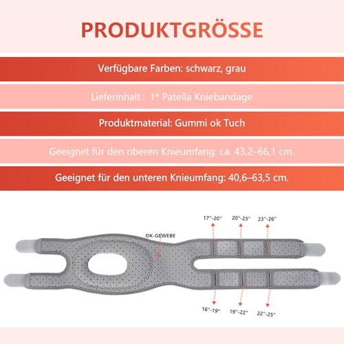Yanlin Patella Stabilisierende Knieorthese, Patella Kniebandage, Kniebandage Verstellbare Knieorthesen, Verstellbarer Patellasehnenbandage, Rutschfest, Stoßdämpfend für Männer Damen (Grau)
