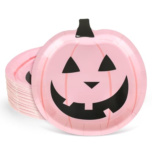 40Pcs Halloween Paper Plates Pink Pumpkin Face Disposable Plates ...