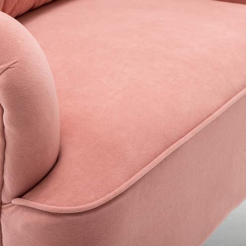 Image of House Solid Wood Wing Chair for Living Room, Arm with Ottoman /Footrest for Bedroom, Velvet Accent Chair with Pouffes, High Back Occasional Tub Chairs with Foot Stool (Pink)