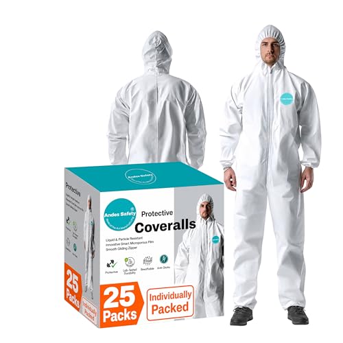 Andes 25 Individual Pack Hazmat Suits Disposable Protective Coveralls Heavy Duty Full Body Paint Suits Lab Coveralls (X-Large)