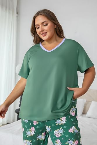Image of Vozanet Women's Pajama Sets Short Sleeve with Long Pant Soft Sleepwear Printed pj Loungewear With TWO Pockets Size 1X to 5X