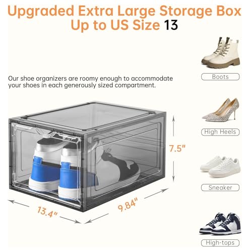 Image of Clemate Upgraded X-Large Shoe Storage Box,12 Pack,Shoe Box Clear Plastic Stackable,Drop Front Shoe Box with Clear Door,Shoe Organizer Containers For Sneaker Display,Fit up to US Size12, Ashy