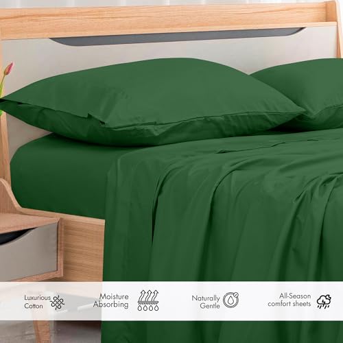 Image of Royale Linens 300 Thread Count 100% Long Staple Combed Cotton Flat Sheet - Super Soft- Top Sheets -Queen Flat Sheet Sold Separately- Breathable, Cool & Crisp Percale Sheets Only (Queen, Hunter Green)