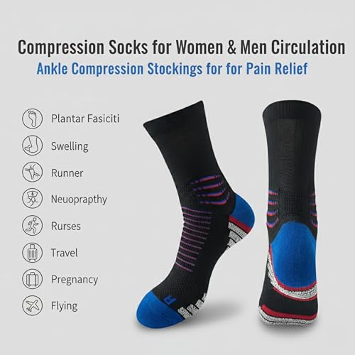 Image of Crew Socks for Women & Men Circulation, Diabetic and Neropathy Pain Relief, Swelling, Neuropathy, Runner, Nurses, Travel, Pregnancy, Flying - Pack of 2- (Black+ Cyan)