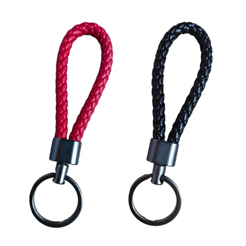 MytaYt 2 Piezas Llaveros de Cuero Trenzado hombre y mujere Llavero de Cuero Coche 12cm Llaveros de Aleación Cuero de Trenzado para Llaves de Moto Casa Negro y Rojo Oscuro