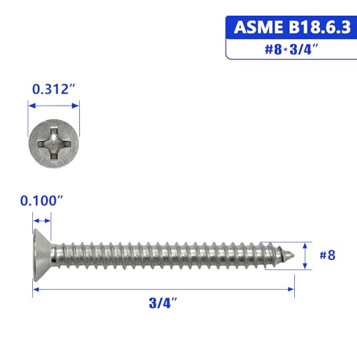 Instockbolts #8 X 3/4" Flat Head Sheet Metal Screws Phillips Drive Wood Screws, 304 Stainless Steel 18-8 thumb #3