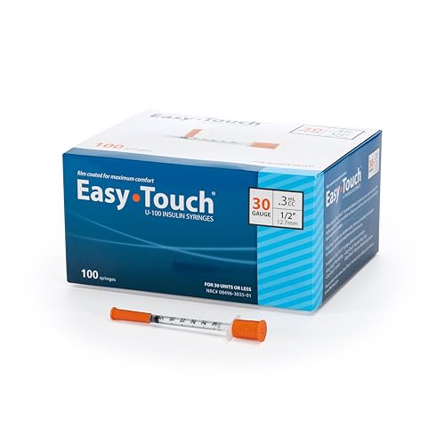 Image of Easy Touch 30 Gauge U-100 Insulin Syringes (30G 0.3cc 1 /2 inch) with 1 /2 inch Long Needle, 0.3cc (30 Unit Capacity), Bold Markings for Accurate Dosing, Disposable, Box of 100
