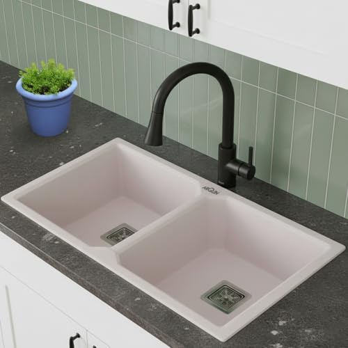 Image of ARQUIN Double Bowl Quartz Kitchen Sink 45x20x9 Inch Rosa | Durable & Scratch-Resistant Sink | Undermount,Topmount | Including Coupling,Sink Connector,Waste Pipe & Fruit Washing Basket