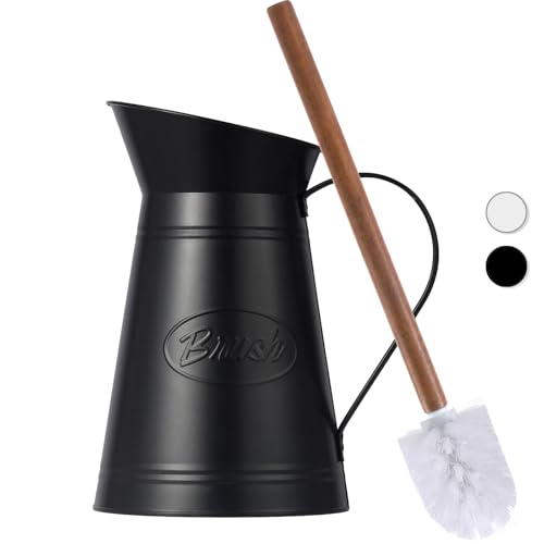 Brosse de toilette vintage avec manche en bois véritable et support - Set de brosse WC rétro en métal noir, inoxydable et décoration de salle de bain de...