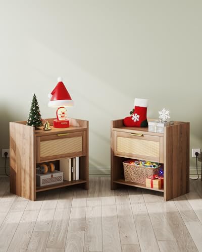 Image of WLIVE Rattan Nightstands Set of 2, Night Stand Sets with Charging Station, Boho Bed Side Table with Storage Drawer and Open Shelf, End Tables Bedroom, Natural Oak