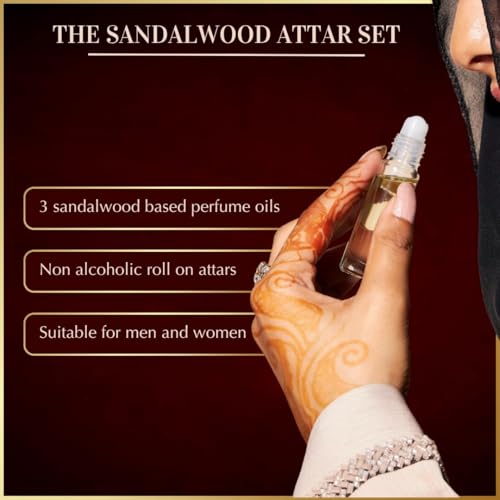 Image of Sandalwood Attar Oil Set by Dukhni | Arabian sandalwood perfume oils | 3 assorted scents x 6ml | Alcohol free, Vegan, Sandalia Collection Set for Gifting | Chandan Prayer Oils, Islamic Fragrances