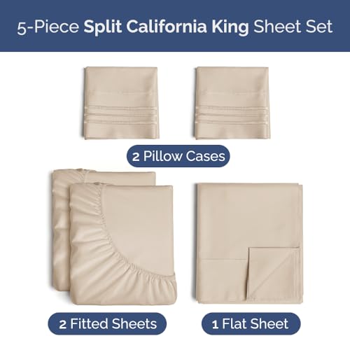 Image of Split California King Bed Sheet Set - 5 Piece Split Cal King Sheets - Wheat | Ultra-Soft, Breathable & Cooling - Comfy, Wrinkle & Fade Resistant - Fits 8 inch to 16 inch Inch Mattress with Deep Pockets