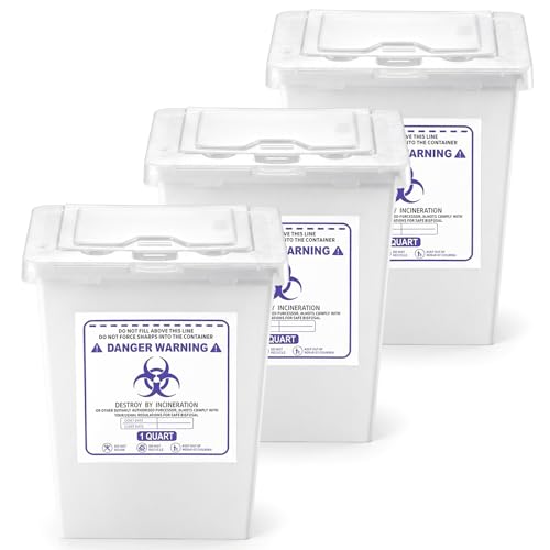 Image of Hushee 3 Pack 1 Quart Sharps Container for Home Use, Multi-Purpose Small Portable Container for Home, Travel, Professional and Personal Use, Translucent Lid, Permanent or Temporary Closure