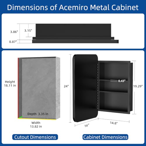 Image of ACEMIRO 16x24 Inch Black Mirror Medicine Cabinet Metal Framed Recessed Wall Mounted Bathroom Medicine Cabinet with Mirror and Storage