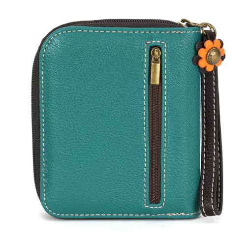 Image of CHALA Zip Around Wallet, Wristlet, 8 Credit Card Slots, Sturdy Pu Leather - Black Cat - turquoise