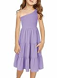 blibean Girl Summer Dress Cold One Shoulder Solid Sundress Kid Bobo Beach Smocked Sleeveless Sun Dress Tween Casual Fancy Clothes Flowy Swing Outfit Size 14-16 Years Old Lavender Purple