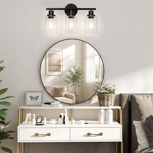 Image of Unicozin Modern Bathroom Light Fixtures, 3 Light Vanity Lights with E26 Bulbs, Black Wall Lamp with Clear Glass for Mirror Living Room Hallway Cabinet Porch