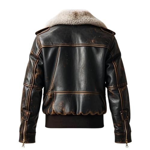 Distressed Black Aviator Real Leather Jacket Men Shearling Collar Multiple Pockets Vintage Winter Style2