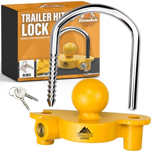 Xtremeauto Universal Trailer Hitch Lock for Standard 50mm Couplings Heavy-Duty Anti-Theft Tow Hitch Lock Alloy Steel & Aluminum Bright Yellow 2 Safety Keys Included