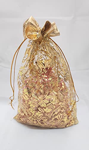 Image of 6 Inch x 8 Inch Net Fabric Drawstring Pouch for Dry Fruits Packing, Organza Shagun Potli, Bags for Return Gifts Pack, Pouches For Jewellery (Pack of 40, Gold)