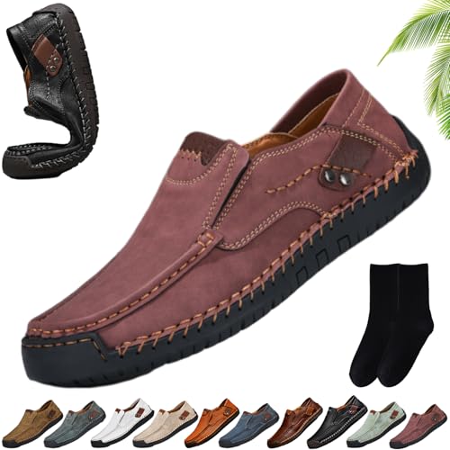 Men's Handmade Leather Comfortable Slip On Loafers, Business Casual Moccasin Dress Shoes Men Classic Lightweight Non-Slip Flats Driving Walking Shoes for Office Work