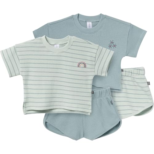 Modern Moments by Gerber Baby Girls' 4-Piece Set (2 Boxy Crop Tops & 2 Dolphin Shorts), Light Sky Stripe, 12 Months