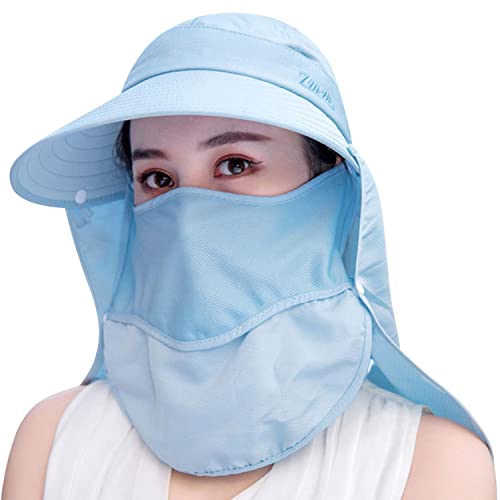 Image of Women Wide Brim Face Mask Sun Hat Detachable Neck Face Flap Ponytail UV Protection Visor Hat Garden Fishing Hiking