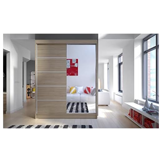 ML Furniture V5 Sliding Door Wardrobe with LED Lights - Full Sonoma 150 cm - Mirrored - Wardrobes for Bedroom with Clothes Rail – Bedroom Furniture Set – 150 x 200 x 58