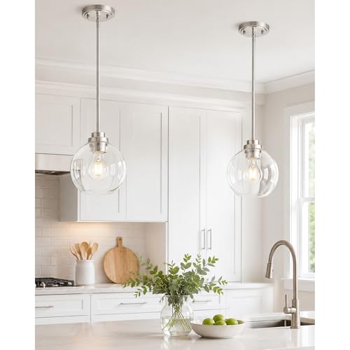 Image of Pendant Lights Kitchen Island 2 Pack, 7 inch Modern Brushed Nickel Hanging Lights Fixtures with Clear Glass Globe Shade, Kitchen Island Lighting for Bathroom, AD-22280-1P2-SN-C