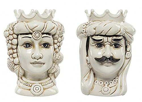 Coppia teste di moro regina e re in ceramica siciliana harmony decorata a mano fumè moderno h30cm