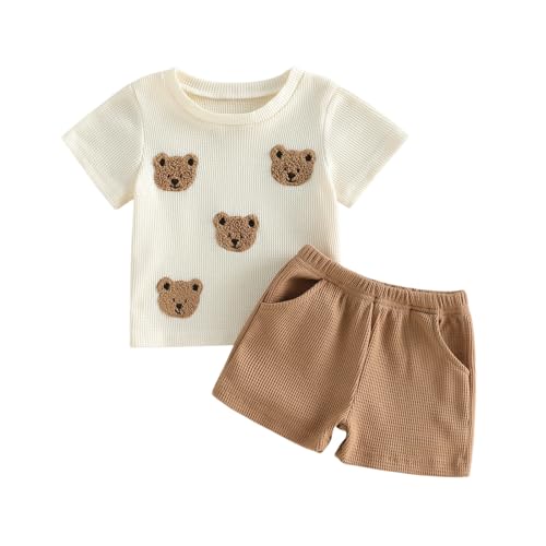 BeliBacca Cute Baby Boy Summer Waffle Outfits Bear Embroidery Crew Neck Short Sleeve Shirts Pockets Shorts Set 2pcs Infant Toddler Boy Clothes (Khaki, 2-3T)