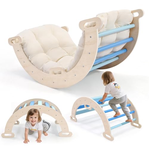2-in-1 Toddler Climbing Frame with Armrests, Wooden Arch Climber Ladder with Cushion, Natural Wood, Non-Slip Foot Mat, Pole Reinforcements, Baby Climbing Arch for 1-6 Years (Semi-cir-w/armrest-blue)